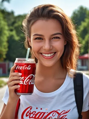 Female, smiling with a Coca Cola drink.,girl with white shirt holding up a red coke,coca cola,coca cola logo,coca,the coca-cola company,cola,cocacola,Photography,General,Realistic