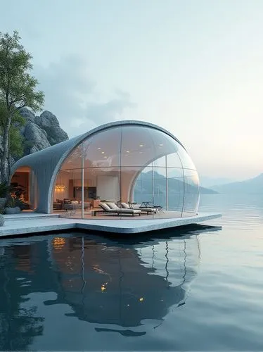 floating huts,pool house,futuristic architecture,houseboat,house by the water,etfe