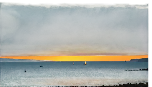 Vast ocean, sunset, horizon, warm golden light, gentle waves, seaweed, rocky coast, sailboats in distance, seagulls flying overhead, soft focus, shallow depth of field, panoramic view, cinematic compo