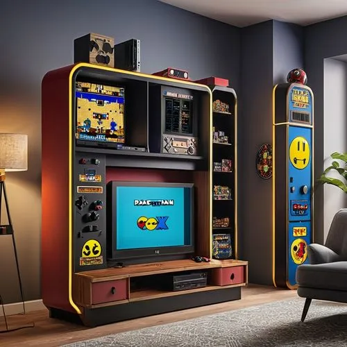 game room,icade,switch cabinet,tv cabinet,little man cave,robotron,playing room,arcade games,arcade,game consoles,playroom,retro styled,playrooms,game bank,kids room,games console,bublitz,mastertronic,neogeo,sega mega drive,Photography,General,Realistic