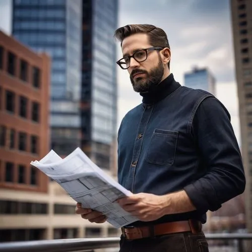 Buffalo NY architects, male, 40s, glasses, short hair, beard, black turtleneck, dark jeans, leather belt, brown loafers, holding blueprints, standing, modern building, glass façade, steel beams, citys