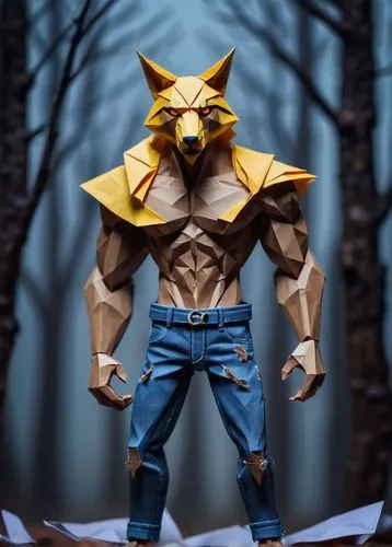 Sad werewolf, full moon night, standing alone, misty forest, dark trees, glowing yellow eyes, furry wolf ears, claws, muscular arms, torn jeans, bare chest, messy brown hair, sorrowful facial expressi