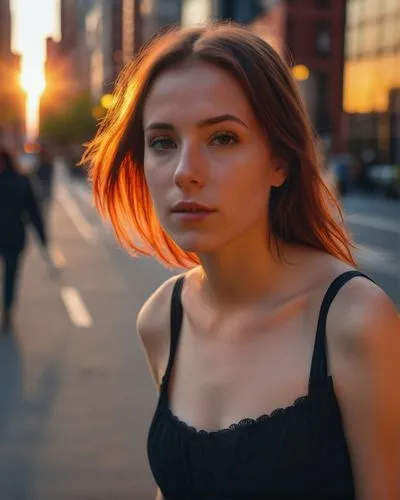 a photography half body beautiful caucasian girl 25 years old, brown hair, red hair wearing a black dress stand up in a street in New York at sunset as background in 4k,girl walking away,sunset glow,y