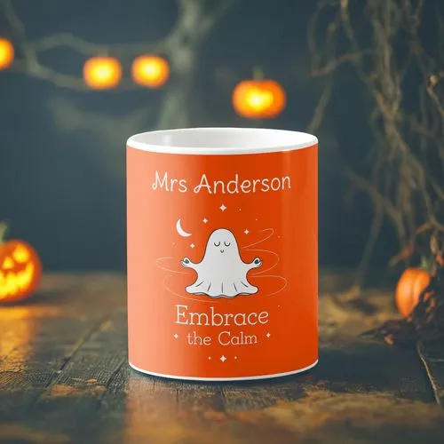 a halloween themed background,an orange mug with an image of a ghost on it,halloween coffee,halloween pumpkin gifts,tea candle,candy cauldron,gingerbread cup,round tin can