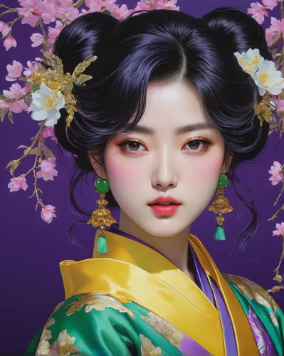 masterpiece, best quality, Princess yume, perfect face, perfect mouth, perfect eyes, in the purple kimono, centered, in the style of noriyoshi ohrai, 8k resolution, official art, rococo portraitures, 