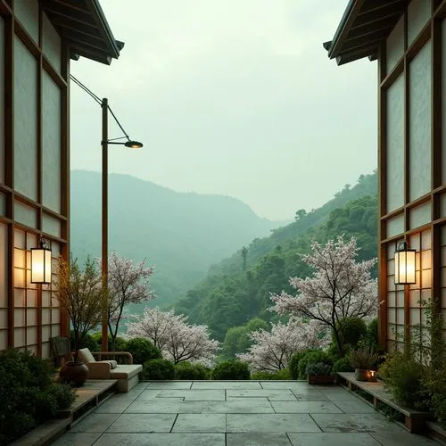 Soft celadon hues, calming atmosphere, serene landscape, gentle rolling hills, misty morning fog, delicate cherry blossom trees, traditional Japanese architecture, sliding shoji screens, natural wood 