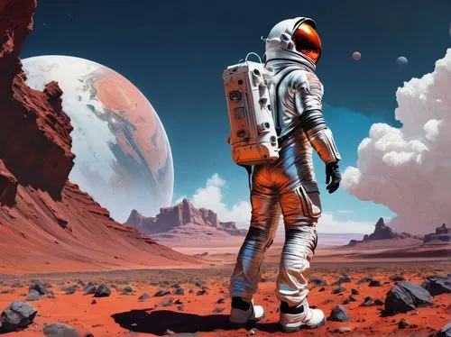 Juicy Aereo, futuristic astronaut, male, muscular, short spiky hair, silver spacesuit, oxygen mask, backpack, holding helmet, standing, spaceship wreckage, Mars terrain, barren landscape, rocky format