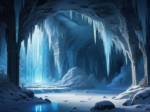 Ice caverns, Lasgalen, white gems, sparkling crystals, frosty air, misty atmosphere, shimmering icicles, ancient ruins, mysterious artifacts, glowing runes, frozen lake, snowflakes gently falling, sof