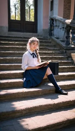 blonde woman reading a newspaper,blonde sits and reads the newspaper,schoolgirl,girl on the stairs,school skirt,girl studying,school uniform,academic dress,girl sitting,school benches,student,girl in a historic way,blonde girl,school clothes,the blonde photographer,blond girl,senior,academic,sitting,senior photos,Art,Classical Oil Painting,Classical Oil Painting 25
