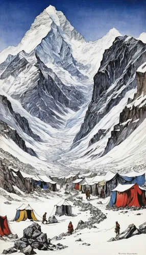 everest region,himalayan,pamir,annapurna,the pamir mountains,karakoram,himalaya,himalayas,mount everest,nunatak,everest,gokyo ri,the pamir highway,ama dablam,mountain huts,campire,mountain scene,tourist camp,ortler,ladakh,Illustration,Black and White,Black and White 28