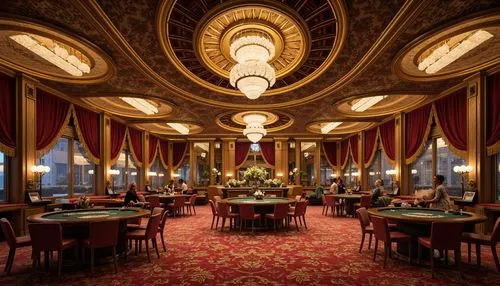 Luxurious casino interior, ornate Art Nouveau details, curved lines, flowing patterns, golden accents, rich velvet fabrics, intricate moldings, grand chandeliers, lavish furniture, circular motifs, si