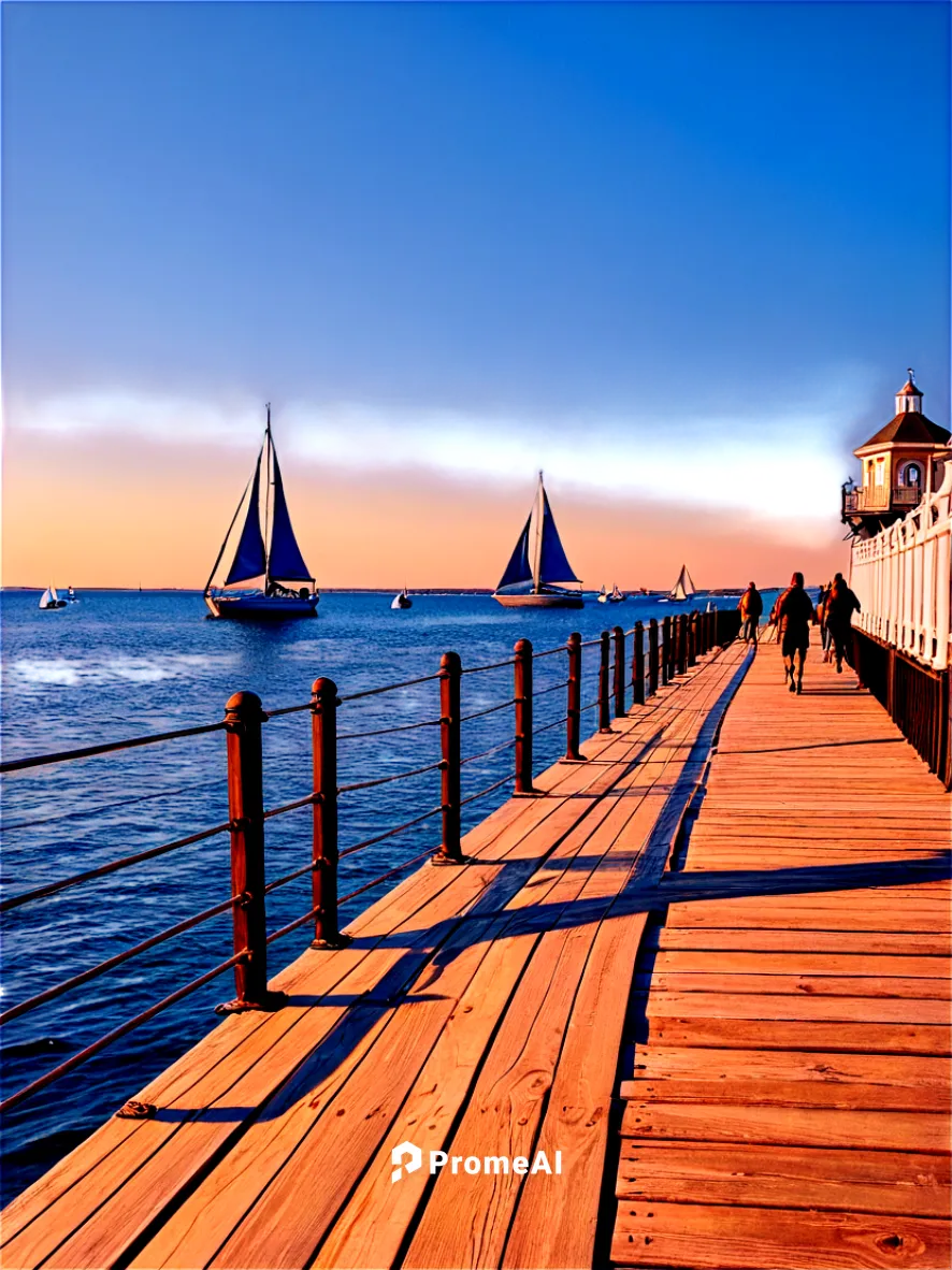 Christopher Street Pier, sunny day, clear blue sky, sailboats in background, wooden planks, metal railings, people walking, jogging, cycling, sunset glow, warm lighting, 3/4 composition, shallow depth