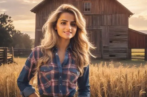 A blonde woman with long, flowing hair wearing a classic cowgirl outfit, including a plaid shirt, denim jeans, and leather boots, standing in front of a rustic wooden barn on a vibrant farm in the 199