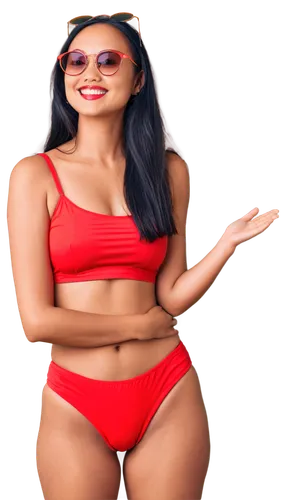 Asian woman, bikini, beach body, toned legs, flat stomach, small waist, voluptuous bust, golden skin, shiny black hair, sunglasses, smiling face, bright red lipstick, standing pose, one hand on hip, s