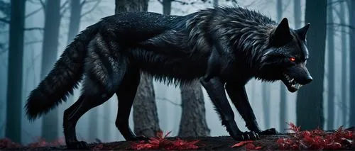 Dark fantasy, black demon wolf, muscular build, glowing red eyes, sharp teeth, fluffy fur, standing on all fours, claws extended, full moon behind, misty forest, twisted trees, eerie ambiance, dramati