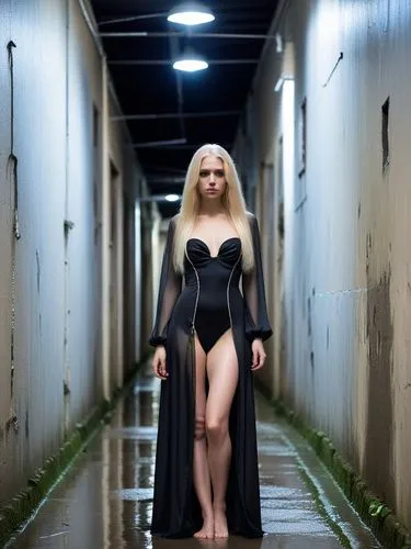 The picture shows a skinny woman with long, platinum blonde hair standing in a narrow, dark corridor or street. It is raining lightly, creating a gloomy, mysterious atmosphere. The woman is dressed mo