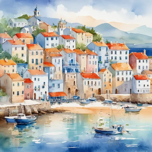 dubrovnic,dubrovnik,dubrovnik city,skopelos,greek islands,island of rab,sea landscape,greek island,harbor,fishing village,mediterranean,samos,watercolor shops,watercolor,watercolor background,croatia,parga,hellenic,coastal landscape,cavtat,Illustration,Paper based,Paper Based 25