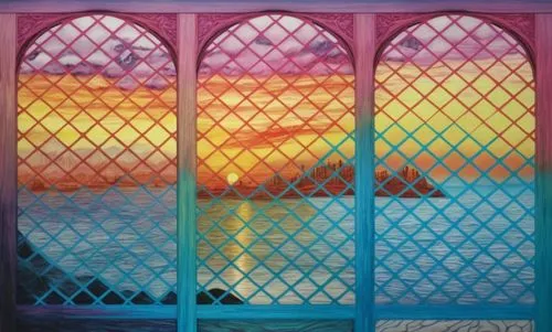 painting with various color and style of a sunset over water,church windows,stained glass window,church window,stained glass windows,stained glass,stained glass pattern,Illustration,Realistic Fantasy,