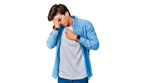 Cartoon man, young adult, crying, tears streaming down face, red puffy eyes, messy brown hair, white shirt with blue collar, blue jeans, sneakers, slumped posture, hands covering face, emotional expre