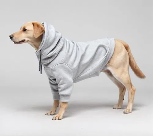  A dog suit. Sweatshirt.,a dog wearing a gray hoodie in front of grey background,dog coat,skymall,hoodie,herd protection dog,snuggie,pupillidae,Common,Common,Natural