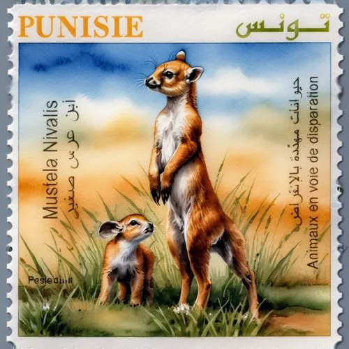 صمم طابع بريدي عبارة عن رسم يدوي بالوان مائية    لحيوان  ابن 
 عرس صغير  مع صغاره,postage stamps,mustelidae,pair of ungulates,abyssinians,philately,pudu,stamp collection,puntland,philatelist,postmarks