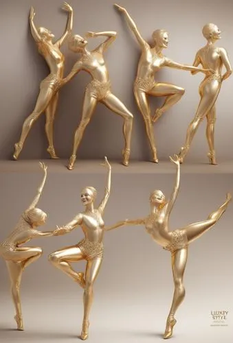 various poses of the same girl in a shiny gold bodysuit,vermeil,gymnastique,momix,varekai,3d figure,statuettes,Photography,Fashion Photography,Fashion Photography 02