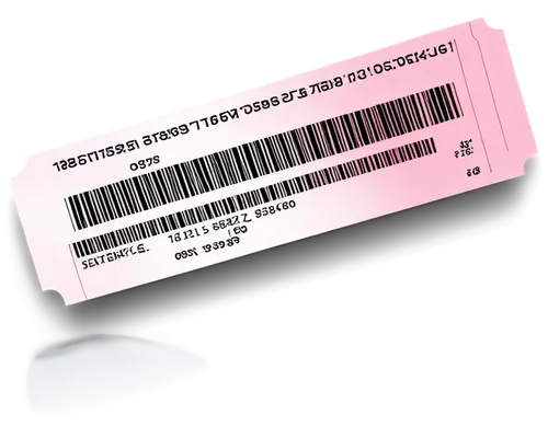 Ticket, white background, barcode, rectangular shape, bright colors, glossy finish, detailed texture, shallow depth of field, soft lighting, 3/4 composition, PNG format, transparent background, high r