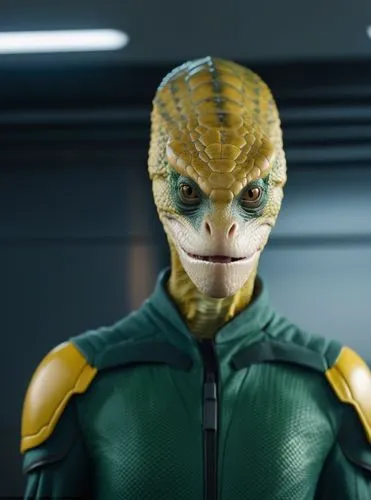 reptilian, dark green soft coat with shoulder pads, dark yellow skin with scales, broad mouth, no nose,spaceship interior background, white,Reptilian,namurian,silurian,mekon,ferengi,latinum,silurians,