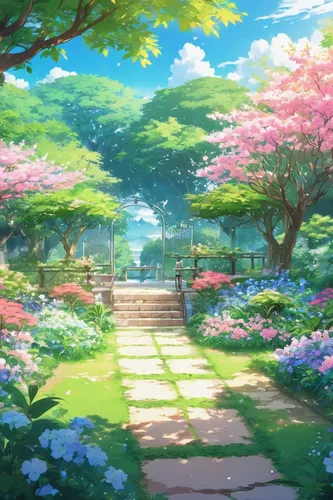 violet evergarden,sakura background,spring background,japanese sakura background,springtime background,sakura trees,blooming field,landscape background,beauty scene,sakura tree,flower garden,flower background,summer background,japanese floral background,spring garden,field of flowers,hydrangeas,spring morning,spring blossoms,japan garden,Illustration,Japanese style,Japanese Style 03