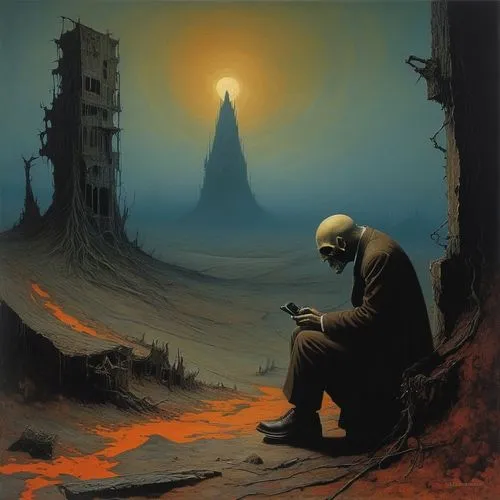 man praying,desolation,sorrow,grief,desolate,post-apocalypse,of mourning,apocalypse,world digital painting,barren,mourning,old age,the grave in the earth,half-mourning,post-apocalyptic landscape,prayer,game illustration,old human,contemplation,sulphur,Conceptual Art,Oil color,Oil Color 01