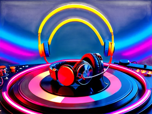 Vinyl record, musical notes, headphones, DJ equipment, microphone, sound waves, abstract background, neon lights, futuristic atmosphere, close-up shot, shallow depth of field, vibrant colors, dynamic 