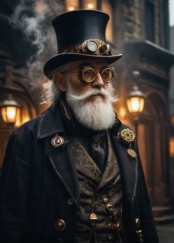 steampunk,dickensian,stovepipe hat,fagin,drosselmeyer,ringmaster,barbossa,steampunk gears,victoriana,magistrate,victorian style,gangplank,victorianism,engineman,ravenclaw,sarjeant,dastardly,norrell,trainman,borsalino,Illustration,Japanese style,Japanese Style 18