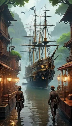 shipwrights,gangplank,novigrad,game illustration,kenway,pirate ship,world digital painting,caravel,doubloons,docked,seaport,guybrush,merchantmen,galleon,sot,piracies,shipmasters,privateers,undocked,fantasy picture,Conceptual Art,Fantasy,Fantasy 25