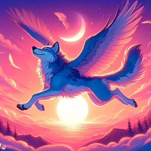 constellation wolf,howling wolf,howl,flying dog,gryphon,dusk background,wolf,moon and star background,wolves,sun moon,flight,flying girl,twilight,unicorn background,flying dogs,night bird,spirit,fanta