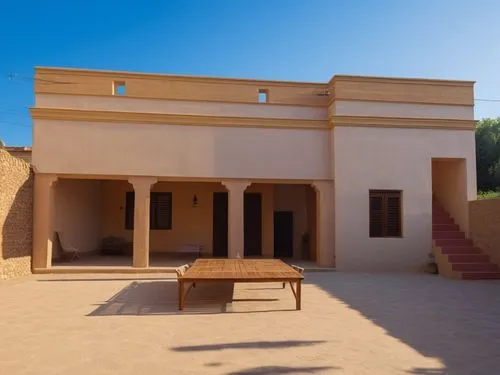 a table in a courtyard in front of a white building,viminacium,quasr al-kharana,palace of knossos,qasr al kharrana,qasr al watan,caravansary,Photography,General,Realistic