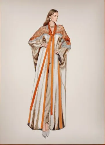 a model wearing a coat and striped pants,orange robes,imperial coat,caftan,vionnet,robes,overcoats,Photography,Fashion Photography,Fashion Photography 04