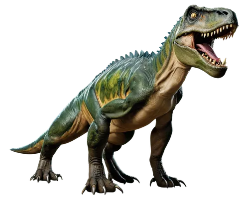 A giant T-Rex, green scaly skin, sharp teeth, angry eyes, standing upright, powerful legs, claws gripping ground, Jurassic period, misty atmosphere, warm lighting, cinematic composition, shallow depth