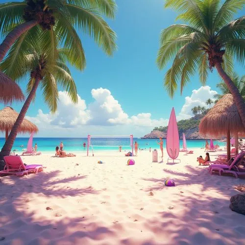 Beach design, heliotrope color scheme, vibrant pinkish-purple hue, warm sunny day, tropical atmosphere, palm trees swaying gently, clear turquoise water, soft white sandy beach, seashells scattered, d