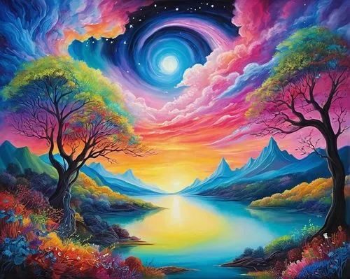 colorful tree of life,dreamscape,fantasy landscape,fantasy art,dream art,dreamscapes,fantasy picture,oil painting on canvas,art painting,colorful background,nature landscape,landscape background,dreamtime,vibrancy,northen lights,vibrantly,purple landscape,wonderlands,dreamland,lucidity,Illustration,Realistic Fantasy,Realistic Fantasy 37