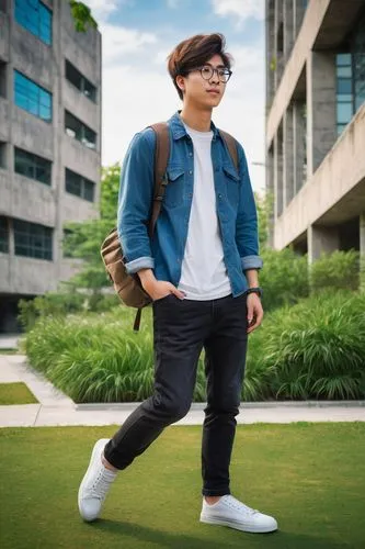 Young adult, male, architecture student, casual wear, messy brown hair, black-rimmed glasses, holding a large portfolio, denim jeans, white sneakers, standing, urban background, modern university camp