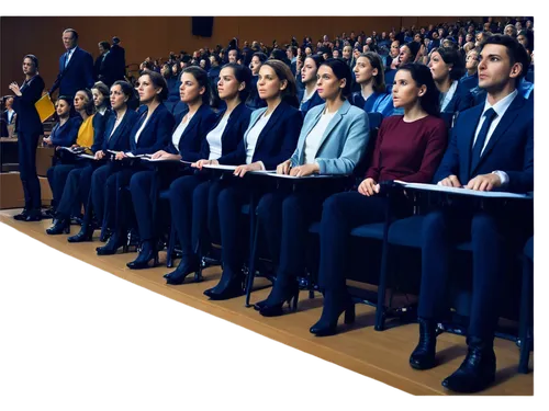 Conference scene, modern auditorium, rows of chairs, wooden podium, microphone, projector screen, professional lighting, audience members, diverse ages, formal attire, suits, dresses, blazers, laptops