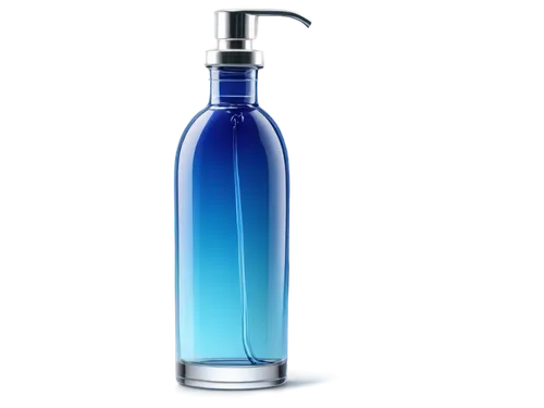 Transparent glass bottle, filled with shimmering blue liquid, rounded shoulder, narrow neck, silver metal cap, subtle reflection, soft gradient lighting, 3/4 composition, realistic texture, detailed d