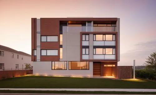 Modern three-story building. Side façade where exposed brick predominates.,Prueba fachada,corten steel,passivhaus,new housing development,maisonettes,townhomes,cohousing,Photography,General,Realistic