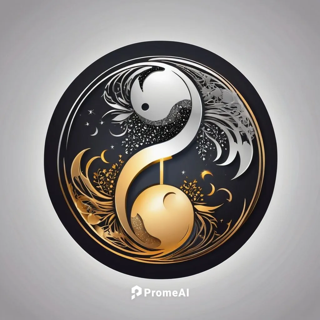 Yin-yang symbol, Yin is golden shining sun during the day. Yang is silver glowing full moon at night. Celestial cosmos background.,yinyang,pangu,yin yang,taijiquan,bagua,taoist,taoism,xingquan,xingyiq