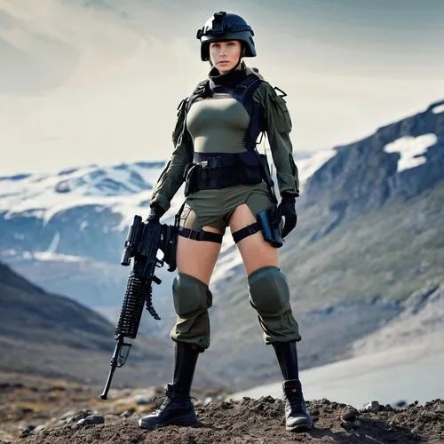 norway female soldier, minimalist two straps mini combat hi cut skirt, gorgeous, pantyhose, mud dippin, mp5, grenade launcher, wide opened brief, alert position,servicewoman,femforce,hardangervidda,se