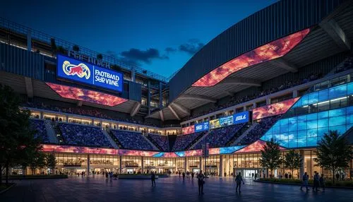 Spectacular football stadium, dynamic curved lines, angular metal fa\u00e7ade, vibrant team colors, LED lighting systems, large digital displays, cantilevered roofs, open-air concourses, sleek modern 