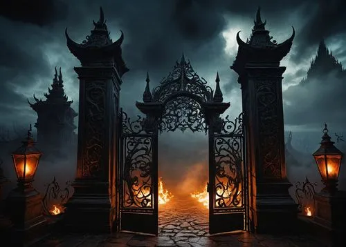 iron gate,metal gate,the threshold of the house,front gate,hall of the fallen,heaven gate,archway,gateway,portal,haunted castle,play escape game live and win,gates,fire screen,gothic architecture,iron door,haunted cathedral,ghost castle,fantasy picture,dark gothic mood,dark art,Art,Classical Oil Painting,Classical Oil Painting 22