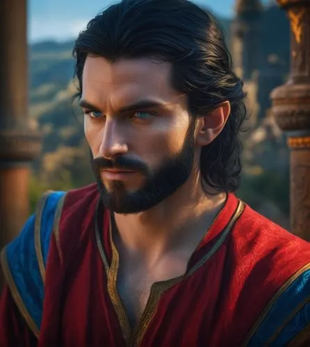 A black hair, bearded elven man with blue eyes wearing a crimson and gold tunic,thorin,male elf,male character,biblical narrative characters,king david,thracian,greek god,thymelicus,joseph,son of god,