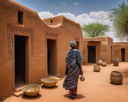 Sudano-Sahelian style, Kere architecture, Burkina Faso, mud brick, adobe structure, rounded edges, intricate carvings, wooden doors, vibrant colored textiles, African patterns, sunny day, blue sky wit