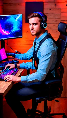 Gaming PC setup, desktop computer, RGB lights, black frame, glass table, ergonomic chair, male gamer, hands on keyboard, intense facial expression, headphones around neck, multiple monitors, wire mana